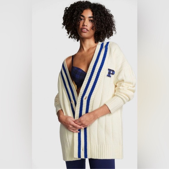 Victoria’s Secret Pink Varsity Cardigan Sweater Ivory Blue Letter Logo XXL - Picture 1 of 12
